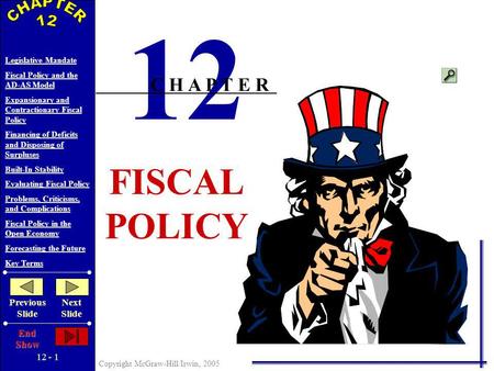 12 - 1 Copyright McGraw-Hill/Irwin, 2005 Legislative Mandate Fiscal Policy and the AD-AS Model Expansionary and Contractionary Fiscal Policy Financing.