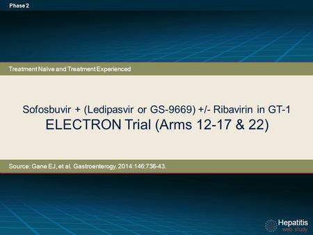 Hepatitis web study Hepatitis web study Sofosbuvir + (Ledipasvir or GS-9669) +/- Ribavirin in GT-1 ELECTRON Trial (Arms 12-17 & 22) Phase 2 Treatment Naïve.