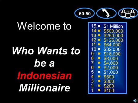 15 14 13 12 11 10 9 8 7 6 5 4 3 2 1 $1 Million $500,000 $250,000 $125,000 $64,000 $32,000 $16,000 $8,000 $4,000 $2,000 $1,000 $500 $300 $200 $100 Welcome.