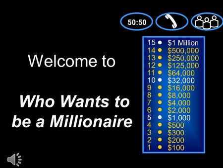 15 14 13 12 11 10 9 8 7 6 5 4 3 2 1 $1 Million $500,000 $250,000 $125,000 $64,000 $32,000 $16,000 $8,000 $4,000 $2,000 $1,000 $500 $300 $200 $100 Welcome.