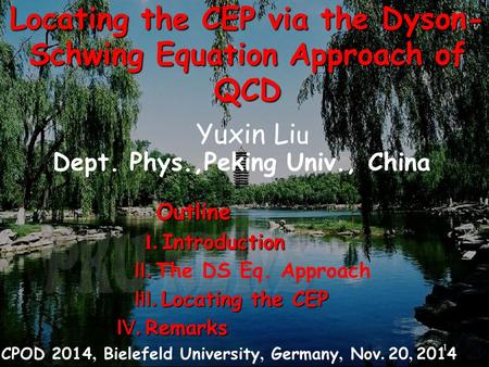 Locating the CEP via the Dyson- Schwing Equation Approach of QCD Yuxin Li u Dept. Phys.,Peking Univ., China CPOD 2014, Bielefeld University, Germany, Nov.