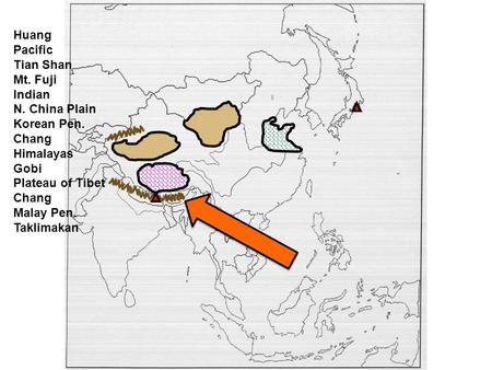 Huang Pacific Tian Shan Mt. Fuji Indian N. China Plain Korean Pen. Chang Himalayas Gobi Plateau of Tibet Chang Malay Pen. Taklimakan.