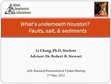 Li Chang, Ph.D. Student Advisor: Dr. Robert R. Stewart What’s underneath Houston? Faults, salt, & sediments AGL Research Presentation & Update Meeting.