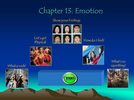 Chapter 13: Emotion 100 Show your Feelings Let’s get Physical