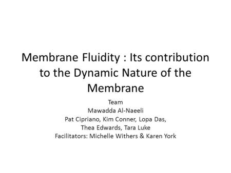 Membrane Fluidity : Its contribution to the Dynamic Nature of the Membrane Team Mawadda Al-Naeeli Pat Cipriano, Kim Conner, Lopa Das, Thea Edwards, Tara.