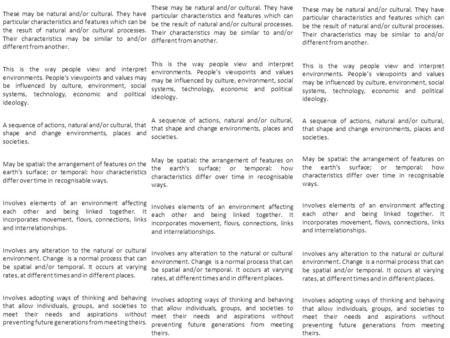 These may be natural and/or cultural. They have particular characteristics and features which can be the result of natural and/or cultural processes. Their.