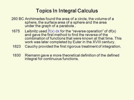 Topics In Integral Calculus