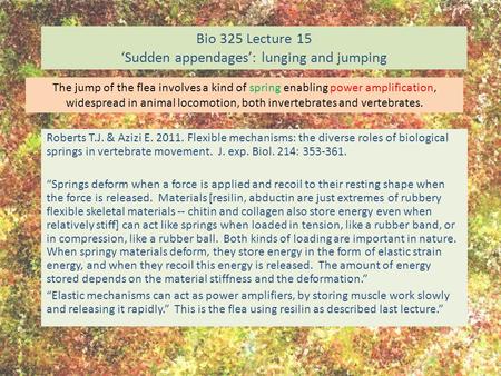 Bio 325 Lecture 15 ‘Sudden appendages’: lunging and jumping Roberts T.J. & Azizi E. 2011. Flexible mechanisms: the diverse roles of biological springs.