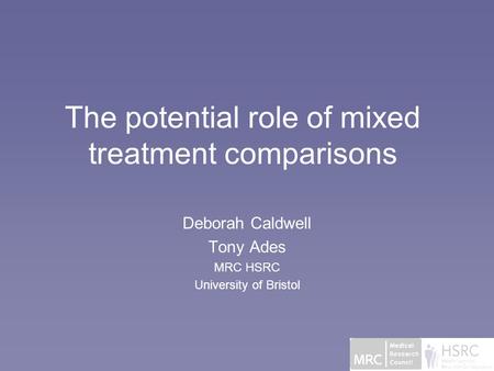 The potential role of mixed treatment comparisons Deborah Caldwell Tony Ades MRC HSRC University of Bristol.