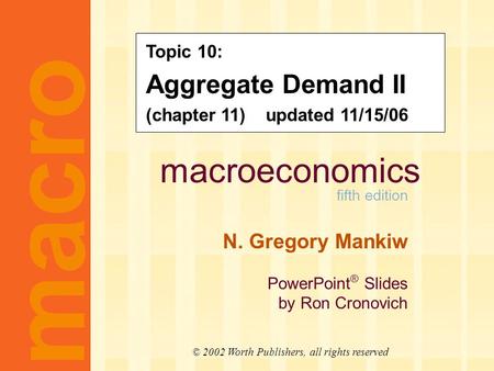 Macroeconomics fifth edition N. Gregory Mankiw PowerPoint ® Slides by Ron Cronovich CHAPTER ELEVEN Aggregate Demand II macro © 2002 Worth Publishers, all.