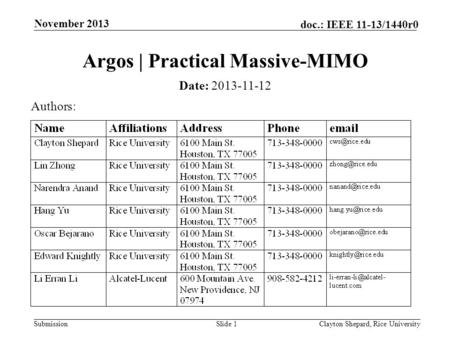 Submission doc.: IEEE 11-13/1440r0 November 2013 Clayton Shepard, Rice UniversitySlide 1 Argos | Practical Massive-MIMO Date: 2013-11-12 Authors: