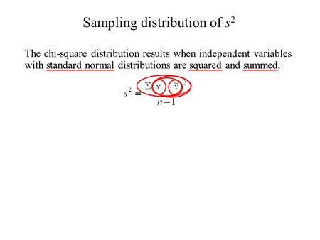 The chi-square distribution results when independent variables with standard normal distributions are squared and summed. Sampling distribution ofs2s2.