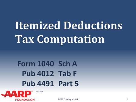 TAX-AIDE Itemized Deductions Tax Computation Form 1040Sch A Pub 4012Tab F Pub 4491 Part 5 NTTC Training – 2014 1.