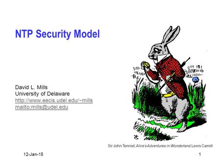 Sir John Tenniel; Alice’s Adventures in Wonderland,Lewis Carroll 12-Jan-151 NTP Security Model David L. Mills University of Delaware