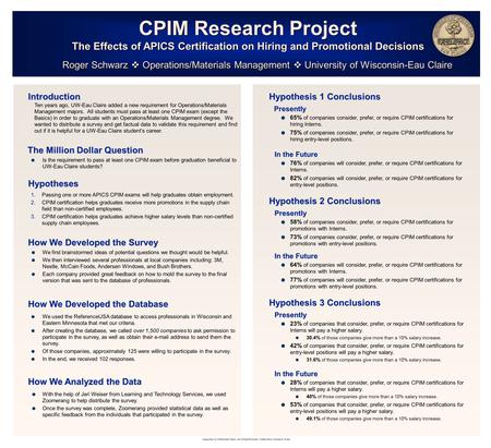 Hypotheses Introduction Roger Schwarz  Operations/Materials Management  University of Wisconsin-Eau Claire 1.Passing one or more APICS CPIM exams will.