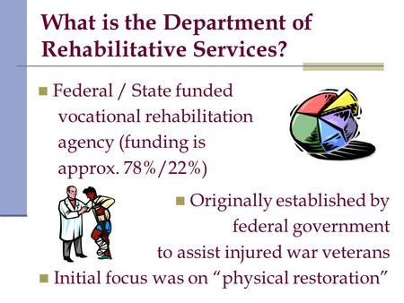 What is the Department of Rehabilitative Services? Federal / State funded vocational rehabilitation agency (funding is approx. 78%/22%) Originally established.