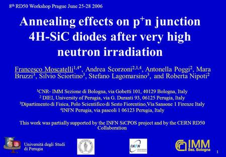 8 th RD50 Workshop Prague June 25-28 2006 Università degli Studi Università degli Studi di Perugia di Perugia 1 Annealing effects on p + n junction 4H-SiC.