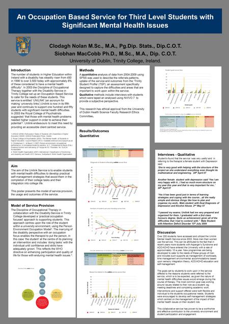 An Occupation Based Service for Third Level Students with Significant Mental Health Issues Clodagh Nolan M.Sc., M.A., Pg.Dip. Stats., Dip.C.O.T. Siobhan.