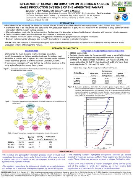 INFLUENCE OF CLIMATE INFORMATION ON DECISION-MAKING IN MAIZE PRODUCTION SYSTEMS OF THE ARGENTINE PAMPAS Bert, F. E. *1,2, G.P. Podestá 3, E.H. Satorre.