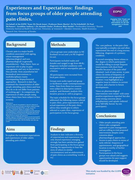 Experiences and Expectations: findings from focus groups of older people attending pain clinics. On behalf of the EOPIC Team (Dr Derek Jones 1, Professor.