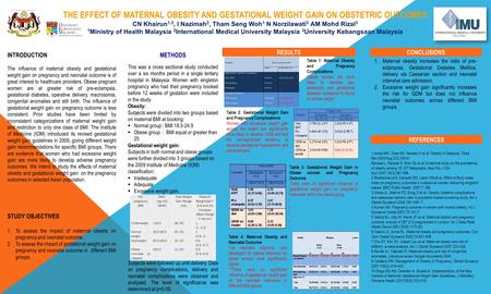 THE EFFECT OF MATERNAL OBESITY AND GESTATIONAL WEIGHT GAIN ON OBSTETRIC OUTCOMES CN Khairun 1,3, I Nazimah 2, Tham Seng Woh 1 N Norzilawati 3 AM Mohd Rizal.