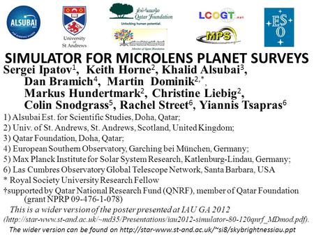 SIMULATOR FOR MICROLENS PLANET SURVEYS Sergei Ipatov 1, Keith Horne 2, Khalid Alsubai 3, Dan Bramich 4, Martin Dominik 2,*, Markus Hundertmark 2, Christine.