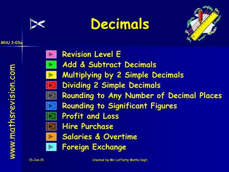 MNU 3-03a 15-Jan-15Created by Mr. Lafferty Maths Dept. Revision Level E Add & Subtract Decimals Decimals www.mathsrevision.com Multiplying by 2 Simple.