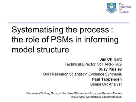 Systematising the process : the role of PSMs in informing model structure Jim Chilcott Technical Director, ScHARR-TAG Suzy Paisley DoH Research Scientist.