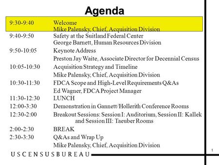 1 Agenda 9:30-9:40Welcome Mike Palensky, Chief, Acquisition Division 9:40-9:50Safety at the Suitland Federal Center George Barnett, Human Resources Division.