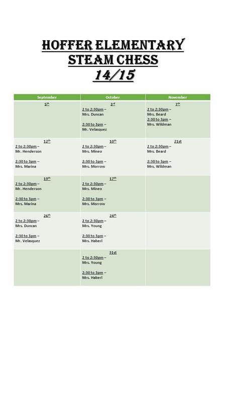 14/15 Hoffer Elementary STEAM CHESS 14/15 SeptemberOctoberNovember 5 th 3 rd 2 to 2:30pm – Mrs. Duncan 2:30 to 3pm – Mr. Velasquez 7 th 2 to 2:30pm – Mrs.