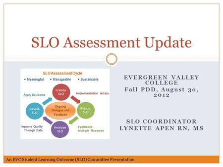 EVERGREEN VALLEY COLLEGE Fall PDD, August 3o, 2012 SLO COORDINATOR LYNETTE APEN RN, MS SLO Assessment Update An EVC Student Learning Outcome (SLO) Committee.