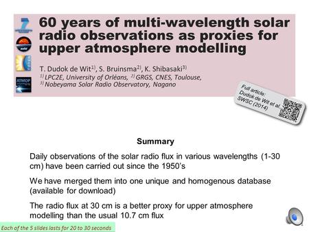 ESWW 11 November 2014 Summary Daily observations of the solar radio flux in various wavelengths (1-30 cm) have been carried out since the 1950’s We have.