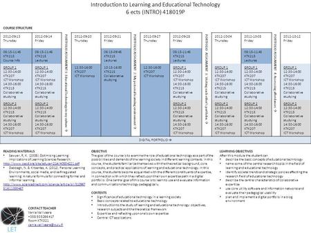 Introduction to Learning and Educational Technology 6 ects (INTRO) 418019P COURSE STRUCTURE 2012-09-13 Thursday 2012-09-14 Friday PORTFOLIO ASSIGNMENT.