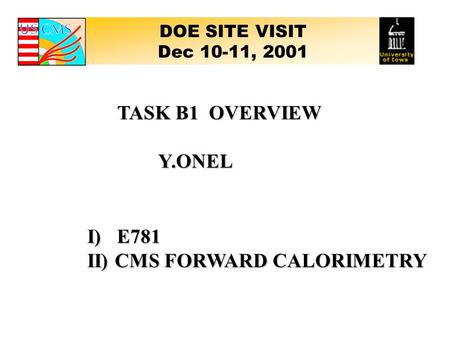 TASK B1 OVERVIEW Y.ONEL Y.ONEL DOE SITE VISIT Dec 10-11, 2001 I) E781 II) CMS FORWARD CALORIMETRY.