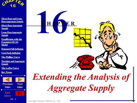 16 - 1 Copyright McGraw-Hill/Irwin, 2005 Short-Run and Long- Run Aggregate Supply Short-Run Aggregate Supply Long-Run Aggregate Supply Equilibrium with.