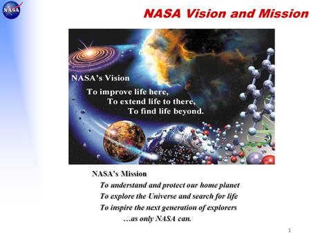 1 NASA Vision and Mission NASA’s Mission To understand and protect our home planet To explore the Universe and search for life To inspire the next generation.