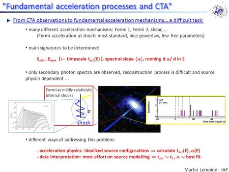 Many different acceleration mechanisms: Fermi 1, Fermi 2, shear,... (Fermi acceleration at shock: most standard, nice powerlaw, few free parameters) main.