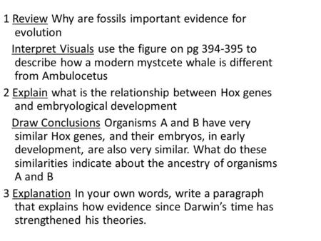 1 Review Why are fossils important evidence for evolution Interpret Visuals use the figure on pg 394-395 to describe how a modern mystcete whale is different.