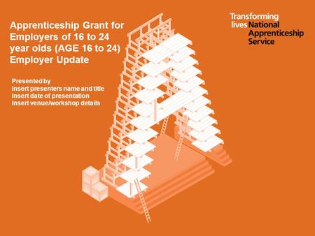 Apprenticeship Grant for Employers of 16 to 24 year olds (AGE 16 to 24) Employer Update Presented by Insert presenters name and title Insert date of presentation.