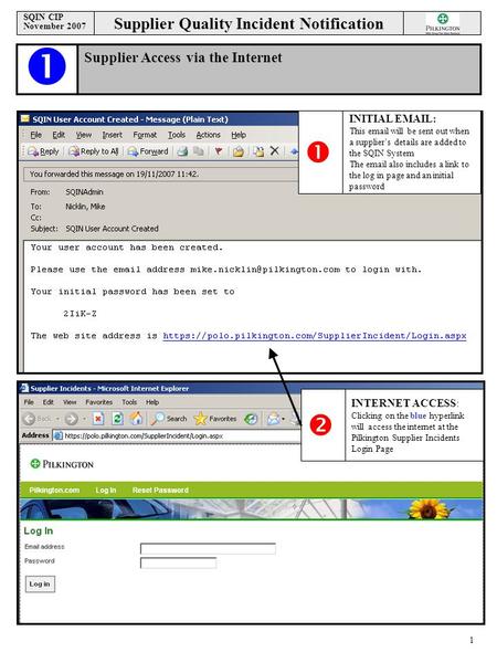 SQIN CIP November 2007 1 Supplier Quality Incident Notification  Supplier Access via the Internet  INITIAL EMAIL: This email will be sent out when a.