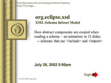 How abstract components are created when reading a schema – an animation in 12 slides -- schemas that use and July 26, 2002 5:00pm This presentation will.