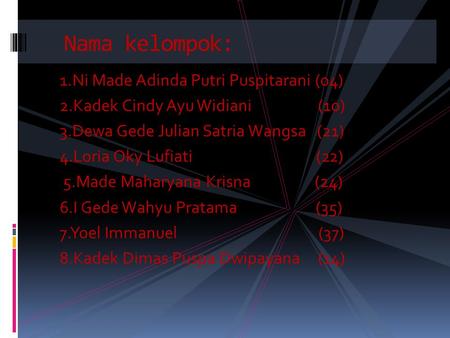 1.Ni Made Adinda Putri Puspitarani (04) 2.Kadek Cindy Ayu Widiani (10) 3.Dewa Gede Julian Satria Wangsa (21) 4.Loria Oky Lufiati (22) 5.Made Maharyana.