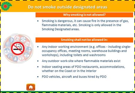 1 Smoking is dangerous, it can cause fire in the presence of gas, flammable materials, etc. Smoking is only allowed in the Smoking Designated areas. Any.