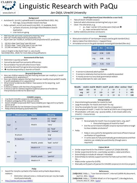 Linguistic Research with PaQu Jan Odijk, Utrecht University Small Experiment (was intended as a user test) Take all Dutch CHILDES corpora Select all adult.