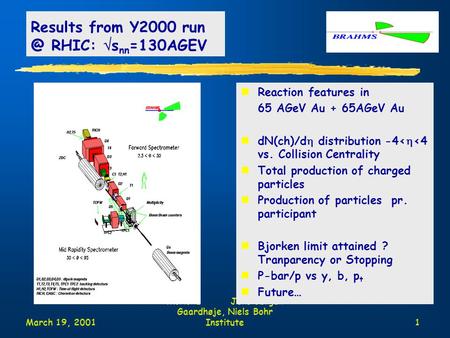 March 19, 2001 Moriond Jens Jørgen Gaardhøje, Niels Bohr Institute1 nReaction features in 65 AGeV Au + 65AGeV Au ndN(ch)/d  distribution -4<  