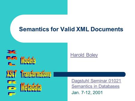 Semantics for Valid XML Documents Harold Boley Dagstuhl Seminar 01021 Semantics in Databases Jan. 7-12, 2001.