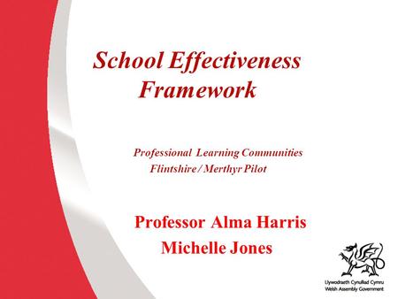 School Effectiveness Framework Professional Learning Communities Flintshire / Merthyr Pilot Professor Alma Harris Michelle Jones.