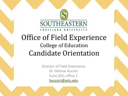 Office of Field Experience College of Education Candidate Orientation Director of Field Experience Dr. Heloise Aucoin Suite 201; office C