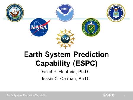 Earth System Prediction Capability ESPC 1 Earth System Prediction Capability (ESPC) Daniel P. Eleuterio, Ph.D. Jessie C. Carman, Ph.D.