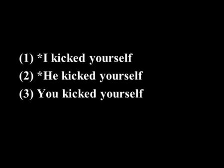 (1) *I kicked yourself (2) *He kicked yourself (3) You kicked yourself.